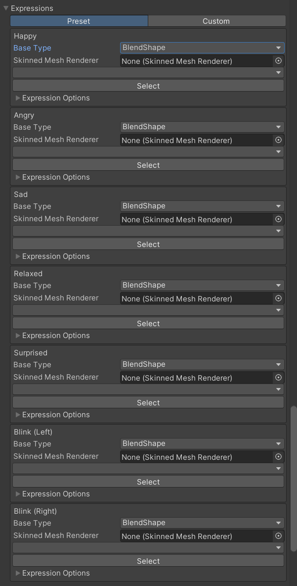 VRM Export DescriptionでPresetのExpressionsを設定する画面